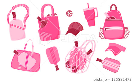 Set of Pickleball Equipment Cartoon Illustrations in Bright Pink Color. Special Inventory and Accessories for Paddle Game, Including Bags, Paddles, Balls, Visor, Cap, Backpack and Thermo Mug Set of Pickleball Equipment Cartoon Illustrations in Bright Pink Color. Special Inventory and Accessories for Paddle Game, Including Bags, Paddles, Balls, Visor, Cap, Backpack and Thermo Mug 125581472