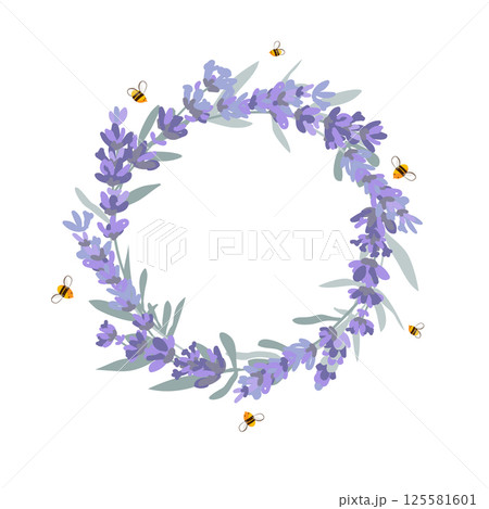 Lavender flowers and honey bees wreath seamless pattern. Hand drawn vector illustration Lavender flowers and honey bees wreath seamless pattern. Hand drawn vector illustration 125581601