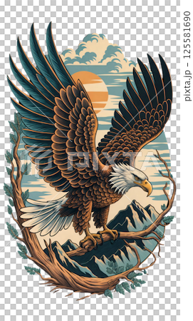 Huge American eagle with wings spread wide against mountains background 125581690