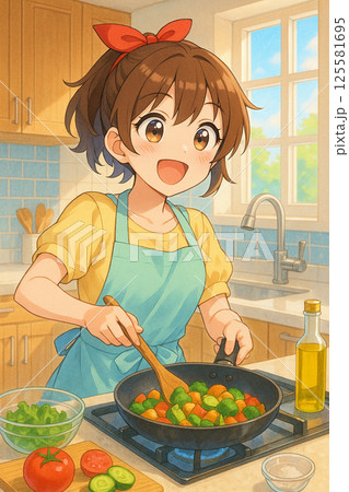 カウンターキッチンで楽しく料理をする笑顔の若い女性 カウンターキッチンで楽しく料理をする笑顔の若い女性 125581695