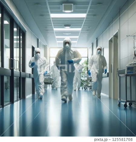 Medical workers in protective suits in the corridor of the hospital. 125581708