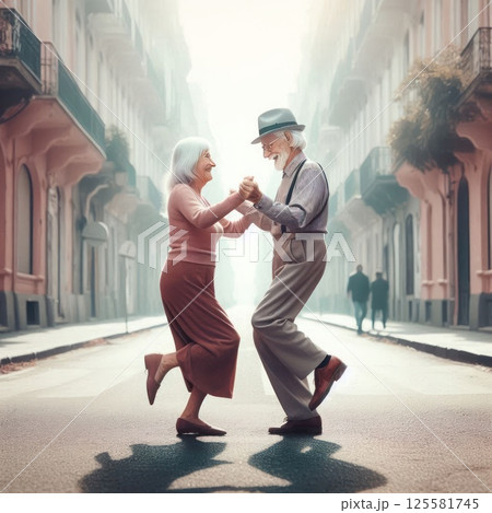 An elderly couple dancing on a deserted street. 125581745