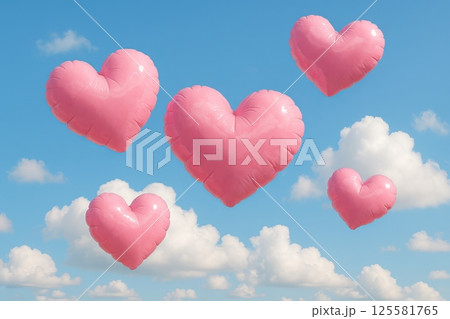 Pink heart balloons floating in blue sky with white clouds. concept of love, festive celebration, joyful atmosphere, romantic gesture, cheerful decoration. 125581765