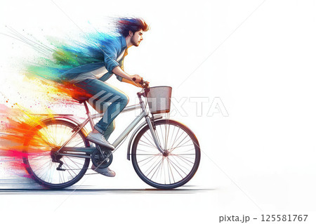 A man riding a bicycle leaves a colored trail. 125581767