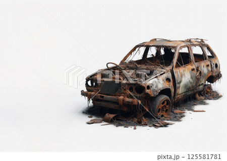 An abandoned rusty car. Space for text. 125581781