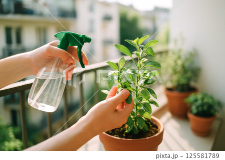 Caucasian person watering potted plants on a balcony with a spray bottle. Concept of urban gardening, plant care, eco-friendly lifestyle, and peaceful home activity. 125581789