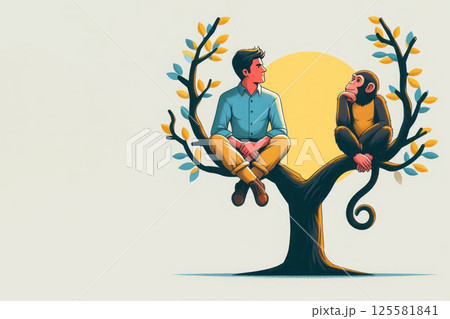 A man and a monkey sitting on the same tree, on different branches. Space for text. 125581841