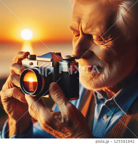 An old man takes pictures of the sunset, the reflection of the sun in the lens. An old man takes pictures of the sunset, the reflection of the sun in the lens. 125581842