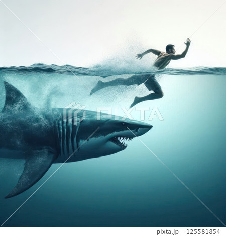 A large shark is chasing a swimmer. A large shark is chasing a swimmer. 125581854