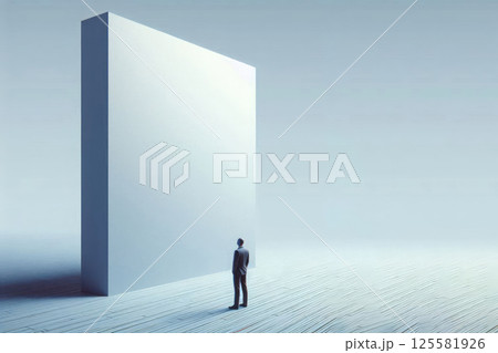 A person stands in front of a huge wall in an empty space. Space for text. 125581926