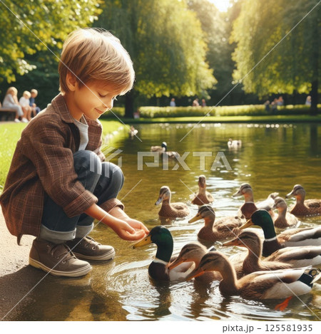 A boy feeds ducks on a pond in the park. A boy feeds ducks on a pond in the park. 125581935