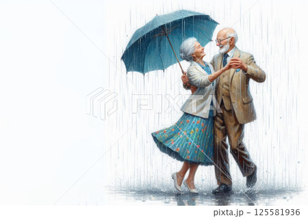 An elderly couple dancing in the rain with an umbrella. Space for text. An elderly couple dancing in the rain with an umbrella. Space for text. 125581936