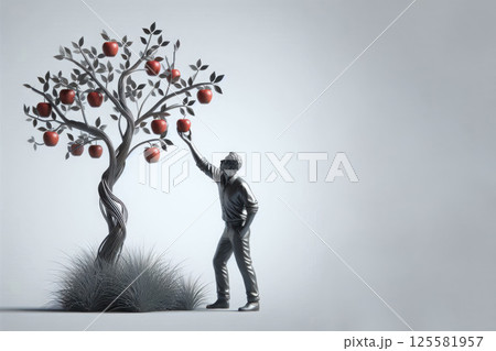 Metal tree with apples as a symbol of choice. Space for text. Metal tree with apples as a symbol of choice. Space for text. 125581957