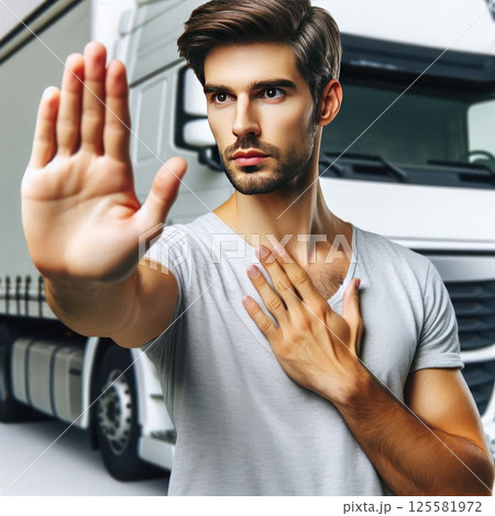 A man standing in front of a truck raises his hand, stopping the movement. 125581972