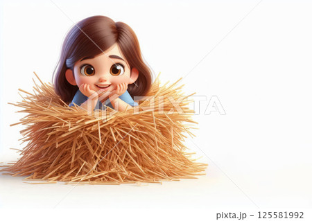 A little girl peeking out from behind a haystack. Space for text. 125581992