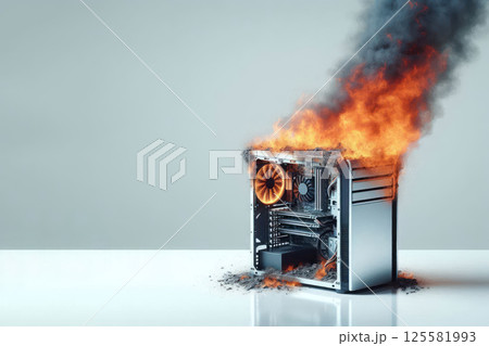 A burning computer system unit. Space for text. 125581993