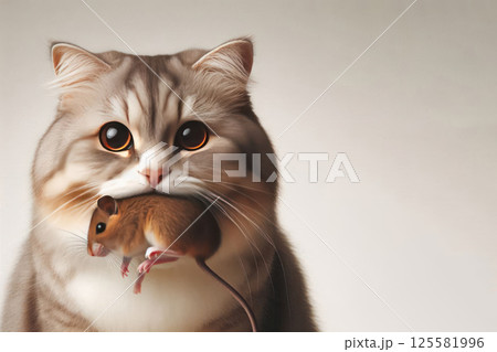 A cat with a caught mouse in its mouth. Space for text. A cat with a caught mouse in its mouth. Space for text. 125581996