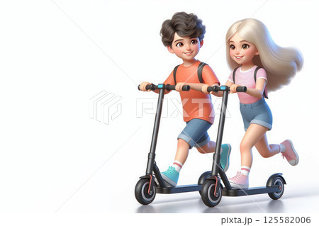 A boy and a girl riding electric scooters. Space for text. 125582006