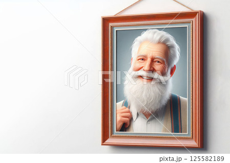 Happy grandfather depicted in a painting hanging on the wall. Space for text. 125582189