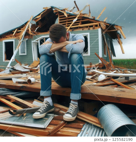 An upset man sits in front of a destroyed house. 125582190