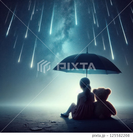A girl under an umbrella with a bear and a starry sky during falling meteorites. A girl under an umbrella with a bear and a starry sky during falling meteorites. 125582208