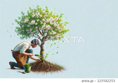 A man taking care of a tree. Space for text. A man taking care of a tree. Space for text. 125582253