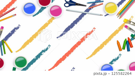 Image of school materials over stroke of crayons Image of school materials over stroke of crayons 125582264