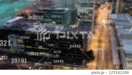 Image of glitch, changing numbers over cityscape and road traffic Image of glitch, changing numbers over cityscape and road traffic 125582289