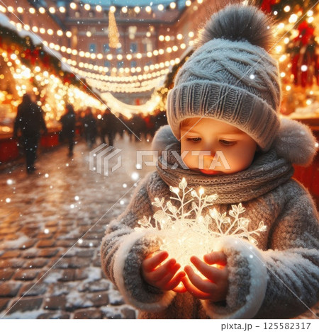 A child holds a glowing decoration at a Christmas market. 125582317