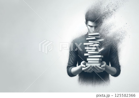 A man with disappearing books, symbolizing the loss of knowledge. Space for text. 125582366