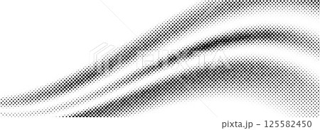 Black halftone dot wave pattern. Abstract grain fluid texture. Dotted curve wallpaper. Grit undulate swoosh overlay for poster, banner, brochure, flyer, leaflet, brochure. Vector rasterized background 125582450