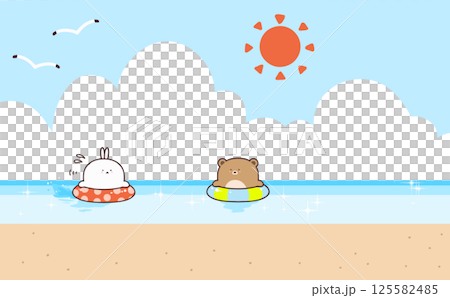 A bear and a rabbit swimming in the sea on a sunny summer day 125582485
