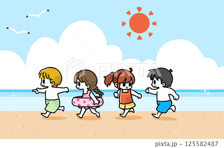 海で走り回りながら遊ぶ子供たち 125582487