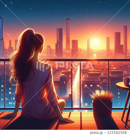 A girl watches the sunset from a balcony in a metropolis. A girl watches the sunset from a balcony in a metropolis. 125582508