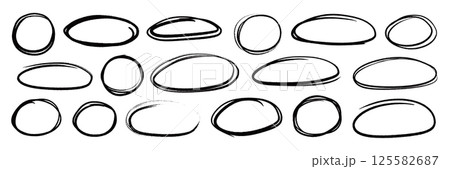 Line brush pen highlight round oval frame set. Hand drawn marker, pen scribble stroke line oval frame. Brush round frame for text highlight ellipse. Grunge scratch style set. Vector 125582687