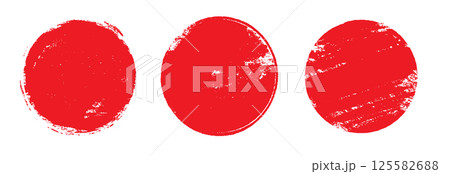 Japan circle red sun brush stamp watercolor paint shape sets. Hand drawn rough red Japanese flag circle shape ink brush stroke texture. Grunge asian rough badge element pack. Vector 125582688
