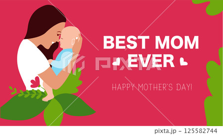 The pink banner mother and baby with text Best mom ever for happy holidays, template The pink banner mother and baby with text Best mom ever for happy holidays, template 125582744