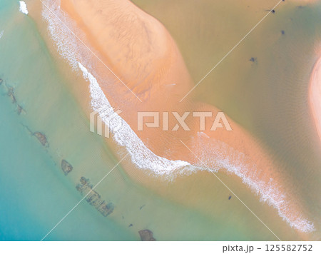 Aerial view of sandbar with sea water surface seascape background,Pink sand beach, Amazing summer background and holiday concept 125582752