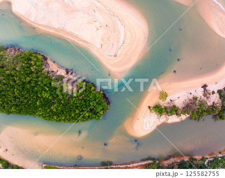 Aerial view of sandbar with sea water surface seascape background,Pink sand beach, Amazing summer background and holiday concept 125582755