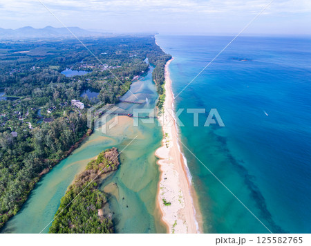 Aerial view of sandbar with sea water surface seascape background,Pink sand beach, Amazing summer background and holiday concept Aerial view of sandbar with sea water surface seascape background,Pink sand beach, Amazing summer background and holiday concept 125582765