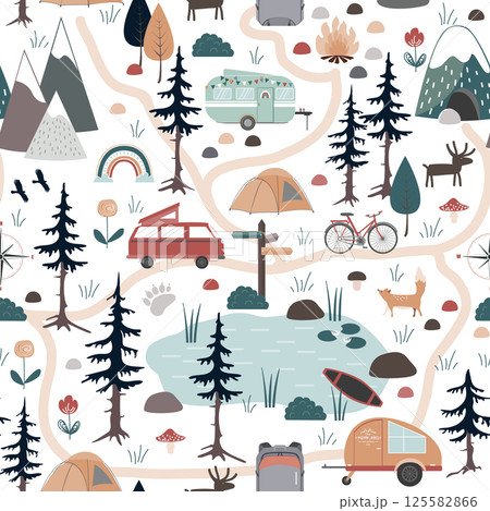 Summer Forest Camping Adventure, seamless pattern. Camping landscape vector background. Summer Forest Camping Adventure, seamless pattern. Camping landscape vector background. 125582866