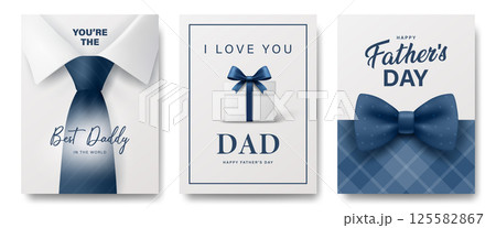 Vector Fathers Day Card Set with Shirt and Tie, Gift Box with Bow, Plaid Background. Happy Daddy Typography, Blue Greeting Design for Dad. Modern Vector Holiday Illustration 125582867