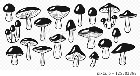Wild Black and White Line Art Mushroom Vector Set. Flat Hand Drawn Forest Fungi Collection. Porcini, Bay Bolete, Birch Bolete, King Mushroom Icon Set. Cooking, Mycology, Botanical Illustration 125582868