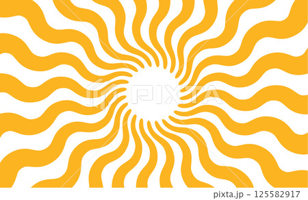 Yellow sun rays background. Wavy rays in groovy style. Abstract sun burst poster. Psychedelic texture. 70s, 80s design. Radial wave lines. Vector illustration isolated on white background 125582917