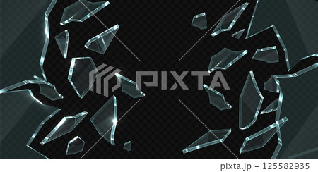 Broken glass shatter, vector realistic explode mirror or window on shard fragments, transparent crystal or ice debris 125582935