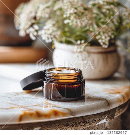 Cosmetic cream in a glass jar. Skin care concept. Background for beauty products Cosmetic cream in a glass jar. Skin care concept. Background for beauty products 125582957