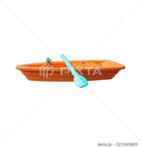 Wooden boat with paddles 3D cartoon vector icon, realistic small vessel, travel ship with oars, water transportation 125583009