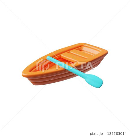 Wooden boat with paddle 3D cartoon style vector icon, realistic small vessel, travel ship with oar, water transport 125583014