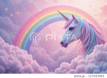 Rainbow unicorn pastel background with glitter stars and pink cloudy fantasy sky. Rainbow unicorn pastel background with glitter stars and pink cloudy fantasy sky. 125583063
