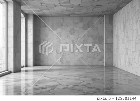 Abstract empty concrete room with hexagon honeycomb wall and glossy tiles. 125583144